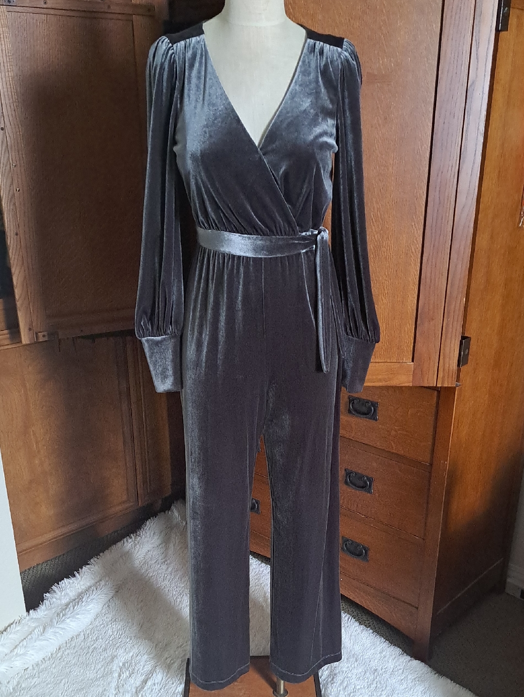 Eliza J Gray Velvet Faux Wrap Wide Leg Jumpsuit Size 2